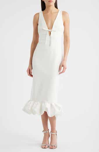 LIKELY Balta Ruffle Hem Mixed Media Cocktail Midi Dress