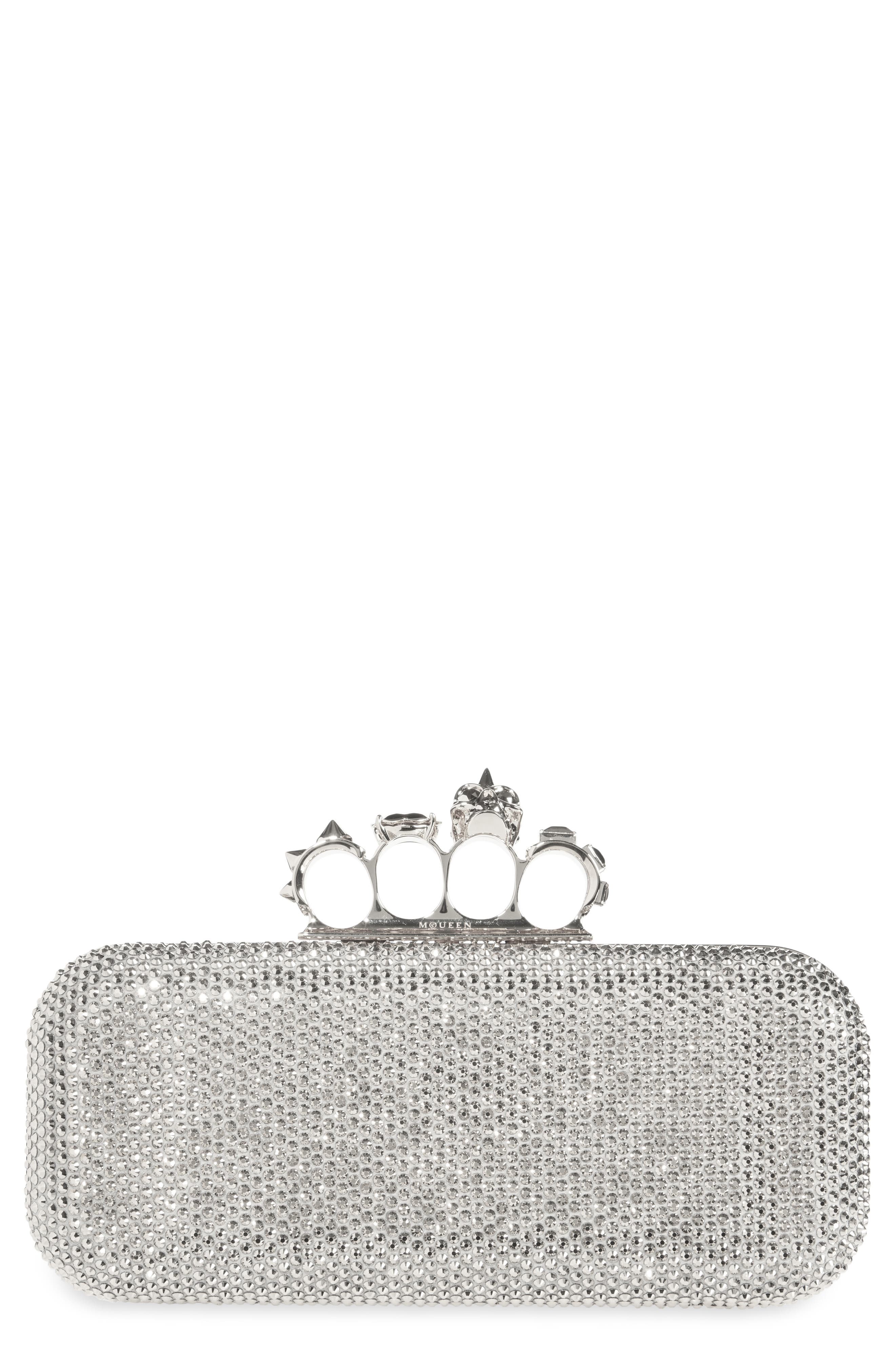 Long Knuckle Crystal Embellished Suede Clutch, Main, color, LEAD