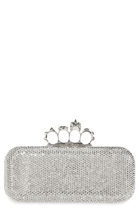 Long Knuckle Crystal Embellished Suede Clutch