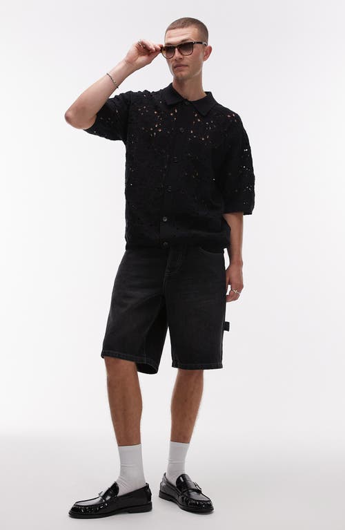Topman Relaxed Openwork Floral Short Sleeve Button-up Shirt In Black