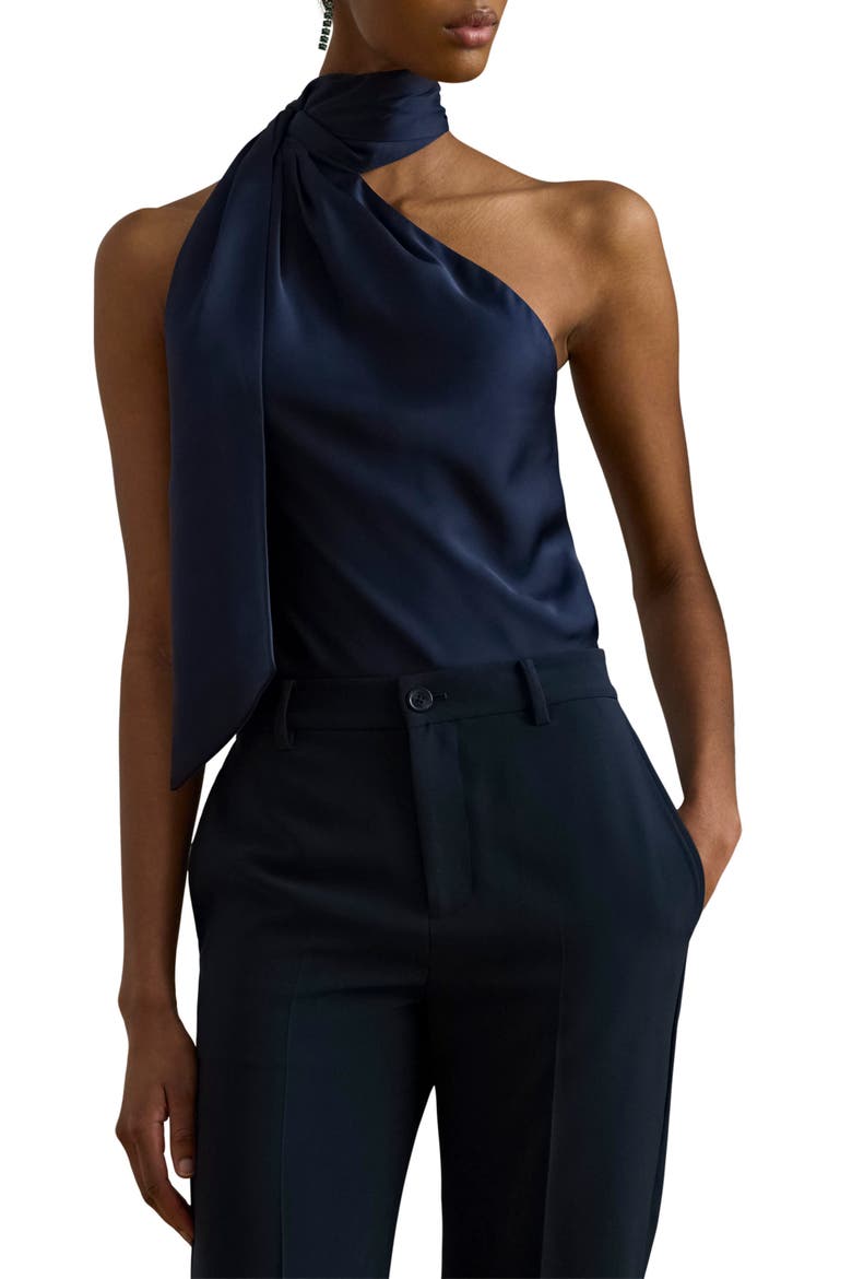 Tie Neck Asymmetric Charmeuse Halter Top, Main, color, REFINED NAVY BLUE