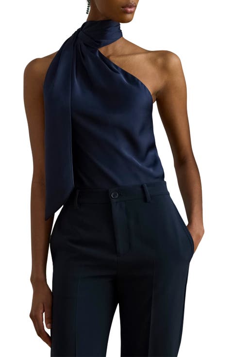 Tie Neck Asymmetric Charmeuse Halter Top