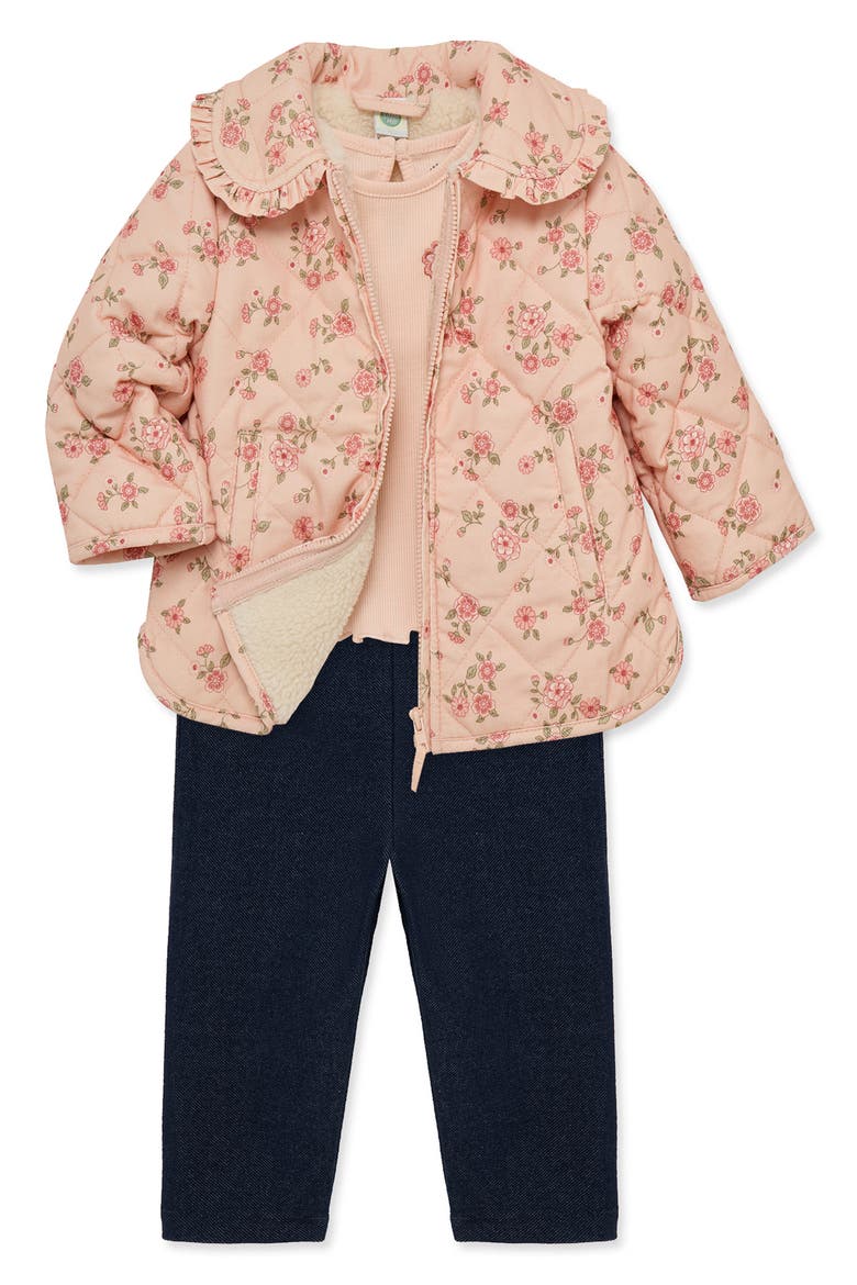 Set of 3 Pink Blossoms Rib Top, Knit Pants & Floral Quilted Jacket, Alternate, color, PINK