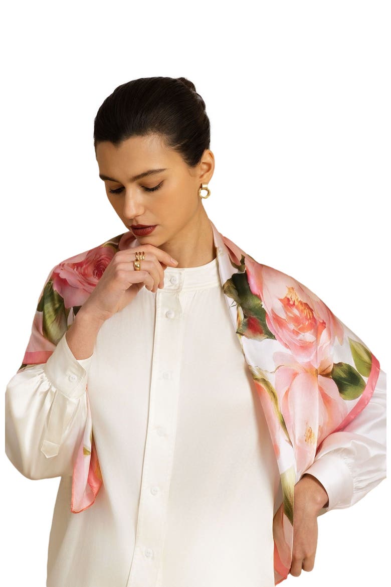 Pure Silk Pink Floral Print Square Scarf, Alternate, color, Multi