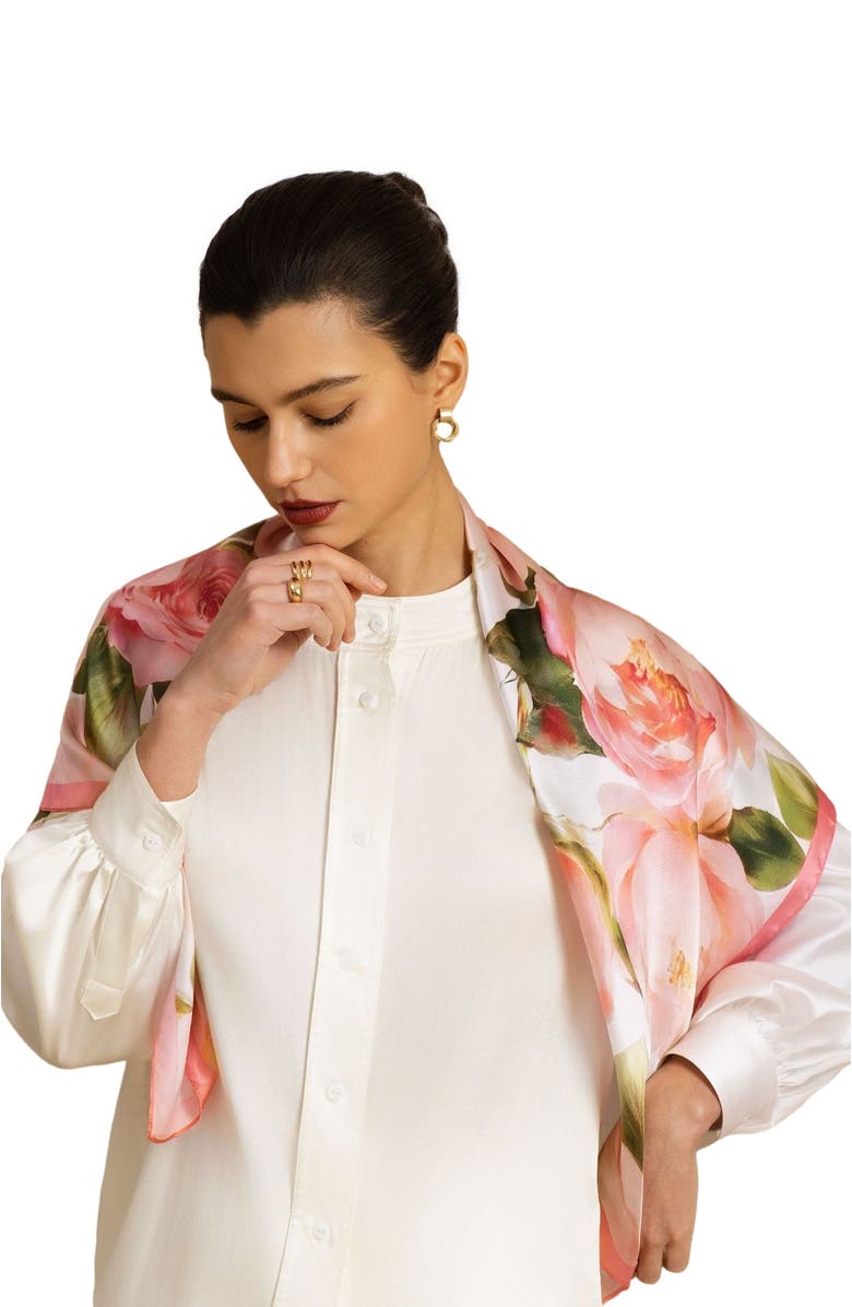 SILKSILKY Pure Silk Pink Floral Print Square Scarf, Alternate, color, Multi