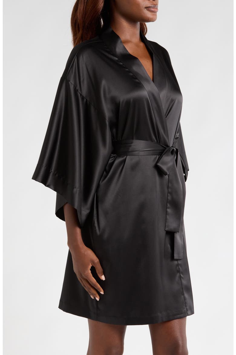 Glamour Short Satin Robe, Alternate, color, BLACK