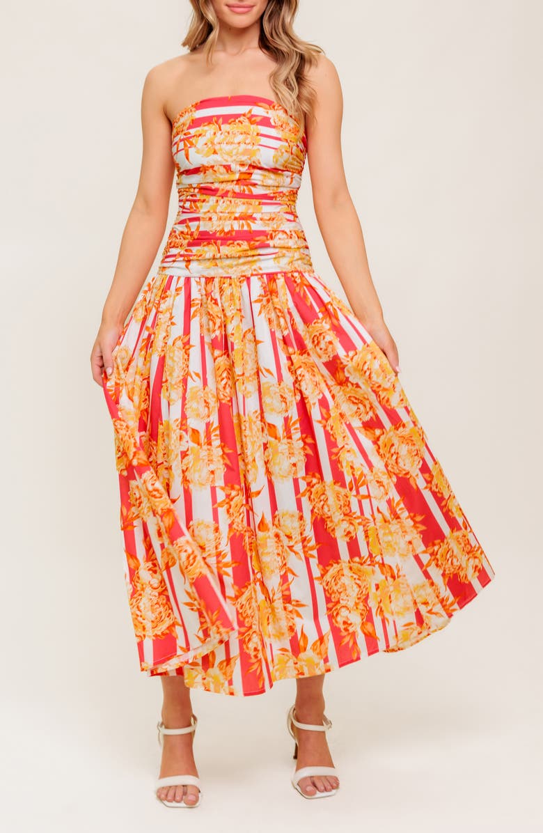 FLYING TOMATO Floral Strapless Ruched Cotton Midi Dress, Alternate, color, Strawberry