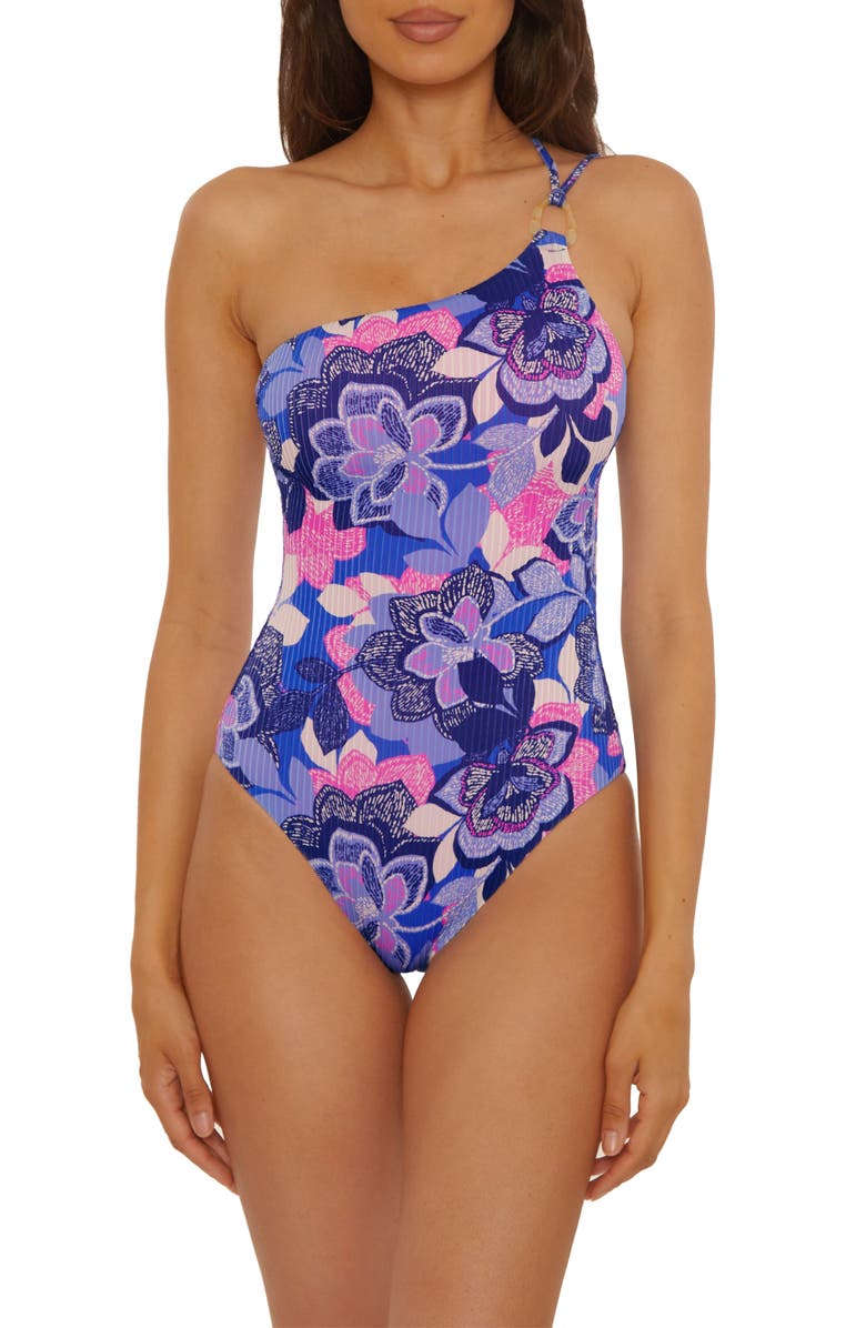 Becca Lanai Strappy Rib One-Piece Swimsuit, Main, color, Blue Multi