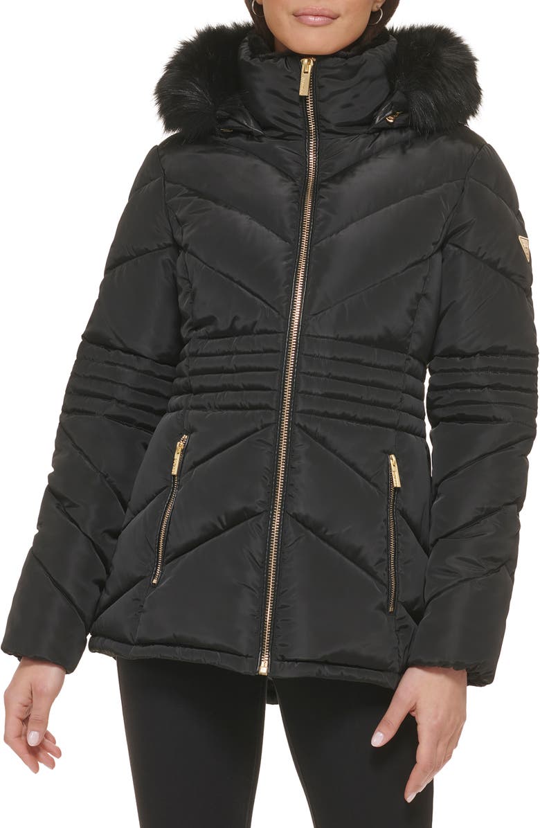 GUESS Faux Fur Trim Water Resistant Hooded Puffer Jacket, Main, color, 