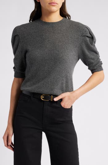 Frame Ruched Sleeve Recycled Cashmere & Wool Sweater In Dark Gris Heather
