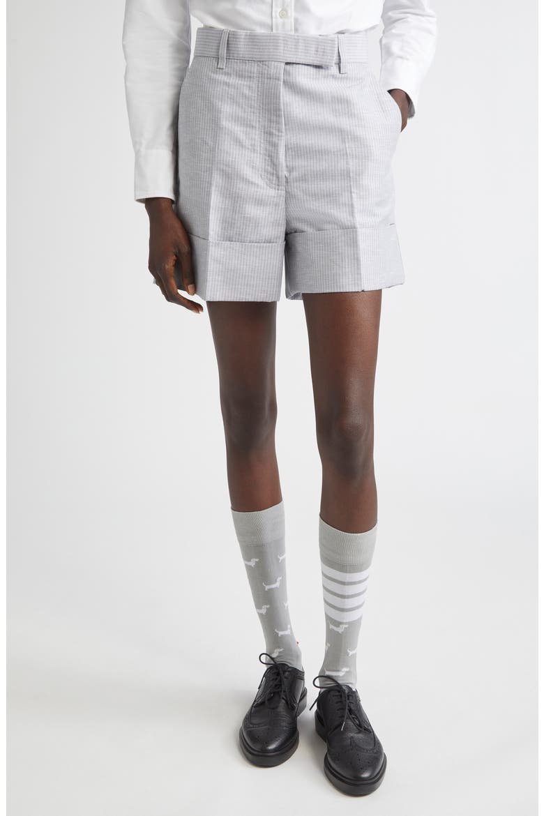 Pinstripe Linen & Cotton Sack Shorts, Main, color, LIGHT GREY