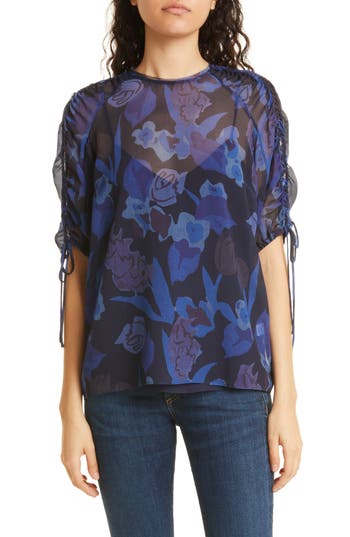 Ted Baker London Nixole Floral Ruched Sleeve Top In Dark Navy