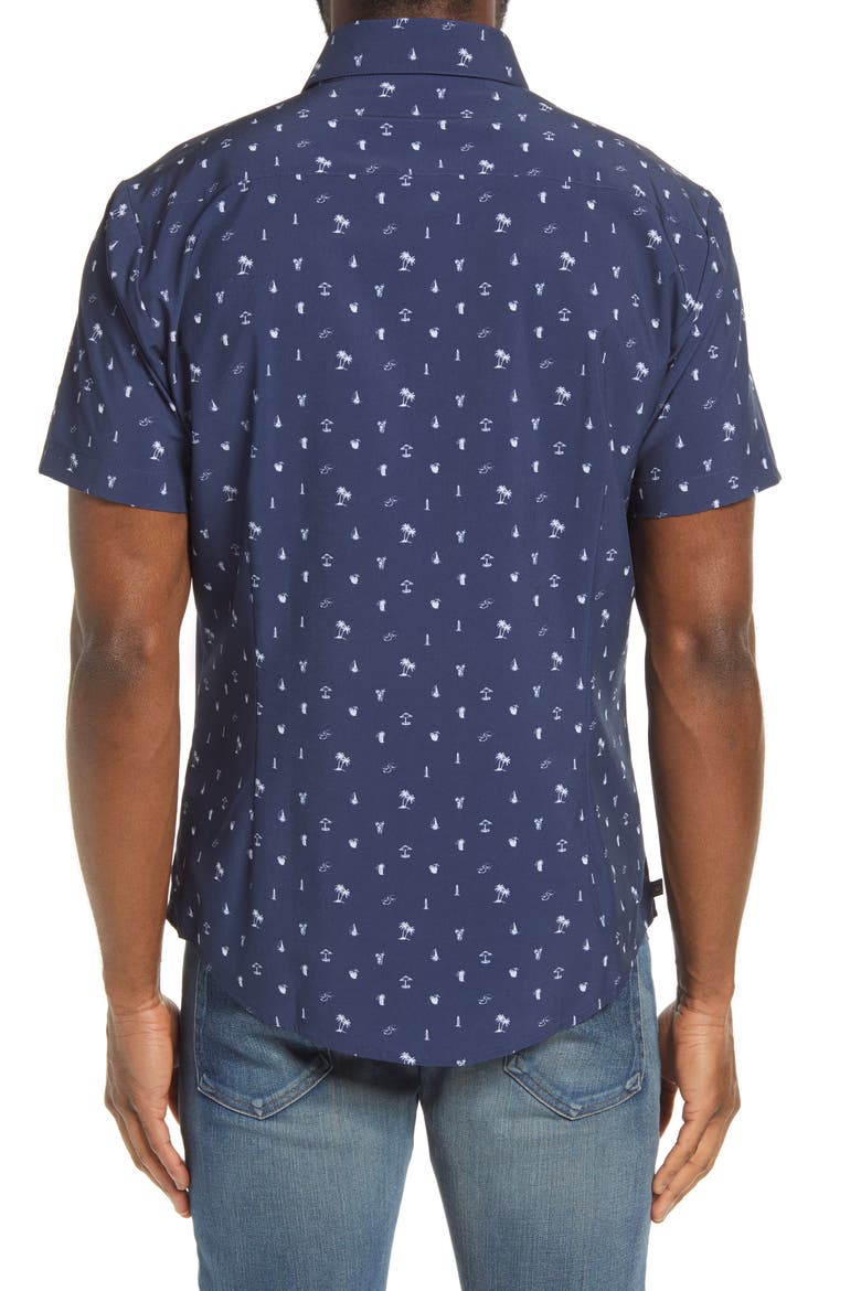 Leeward Trim Fit Short Sleeve Button-Up Performance Shirt, Alternate, color, NAVY WHITE BEACH PRINT