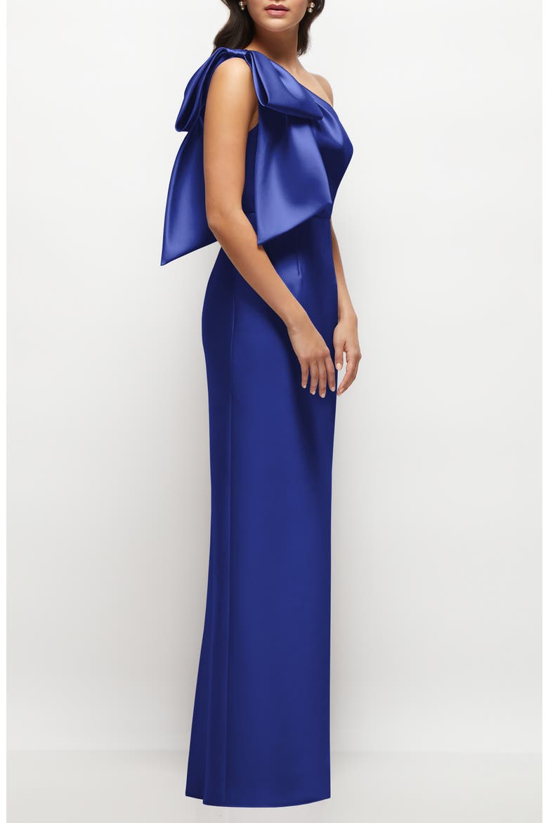 Bow Detail One-Shoulder Satin Twill Column Gown, Alternate, color, COBALT BLUE