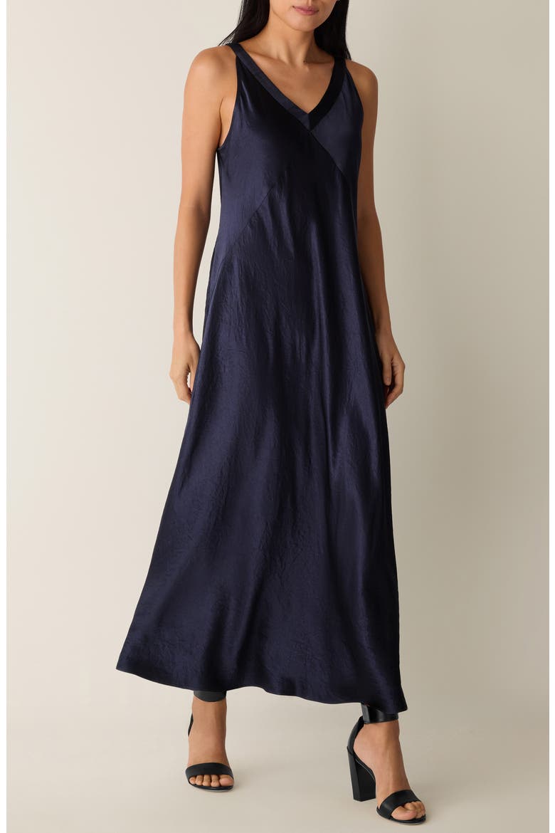 V-Neck Crinkled Satin Midi Dress, Alternate, color, INK