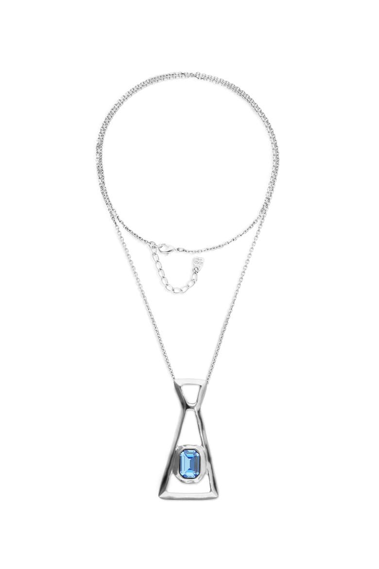 Silver-Tone Geometric Necklace with Blue Crystal, Main, color, Silver