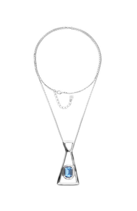 Silver-Tone Geometric Necklace with Blue Crystal