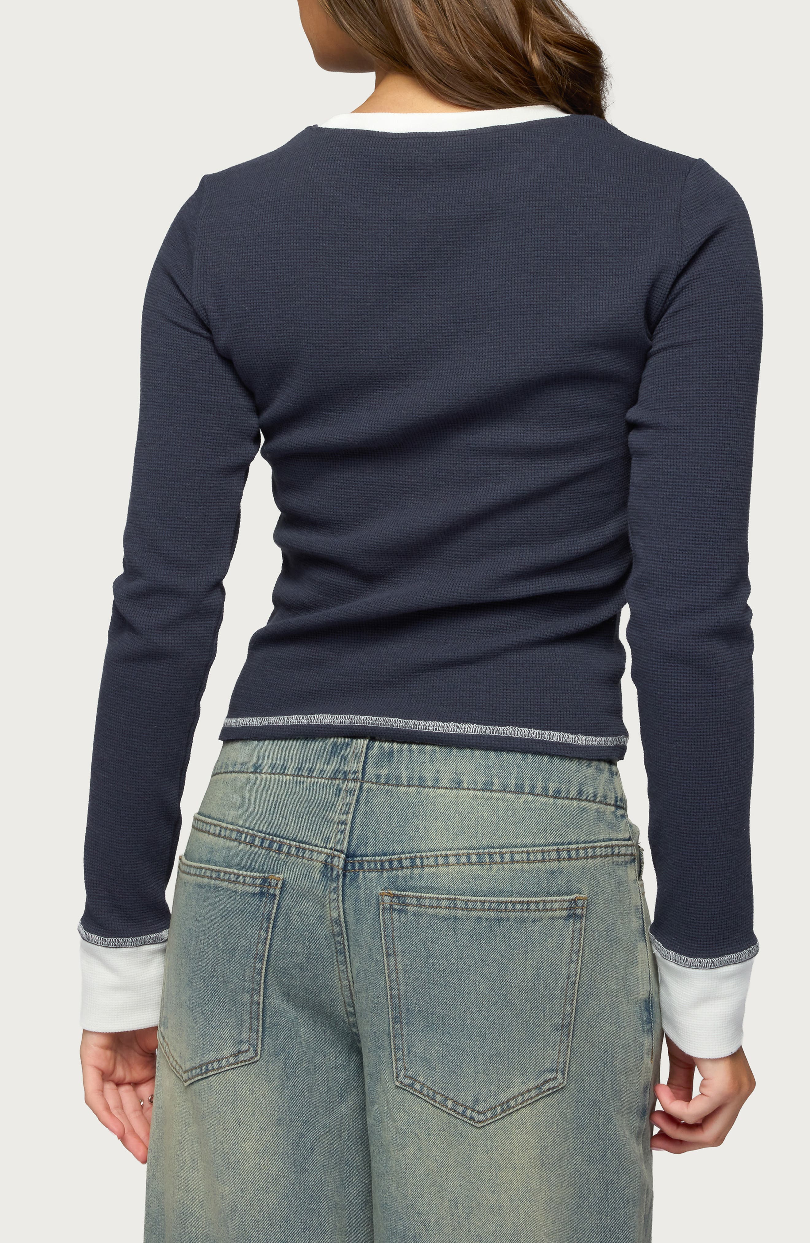 Rora Contrast Trim Cotton Blend Waffle Top - image 2