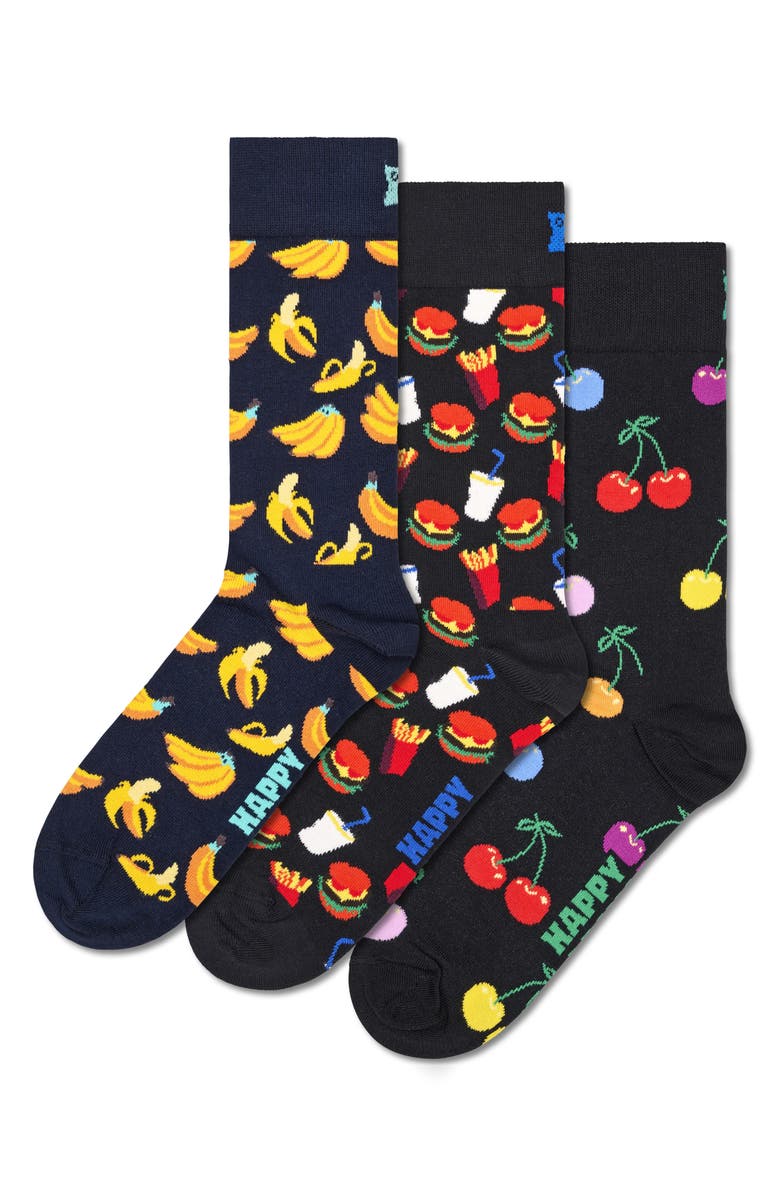 Happy Socks Snacks 3-Pack Assorted Crew Socks, Main, color, Navy