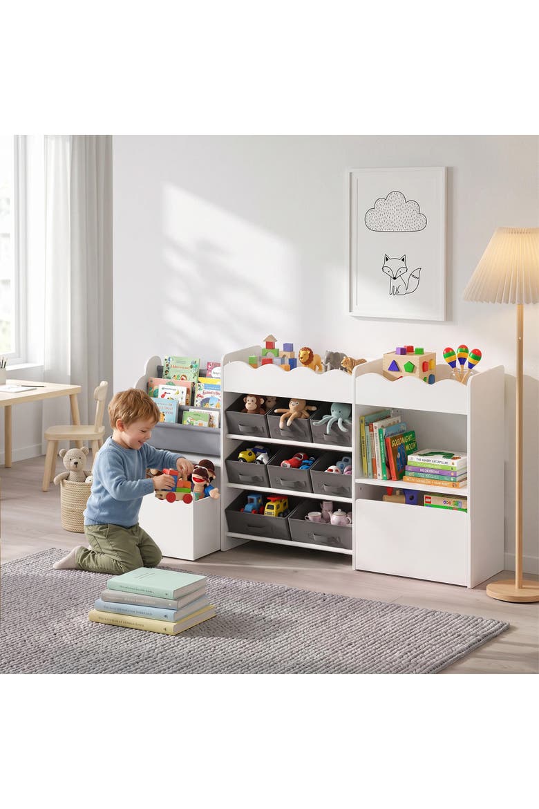 Kids Toy Storage Organizer, Kids Bookshelf with 8 Fabric Bins, 2 Rolling Drawers, Magazine Rack, Open Shelves, for Playroom, Kids Room, White, Alternate, color, White
