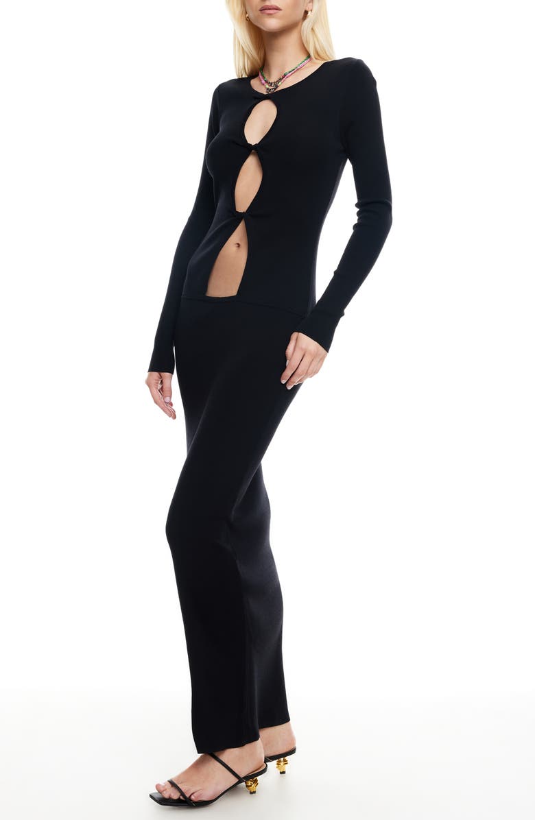 LIONESS Homecoming Cutout Detail Long Sleeve Body-Con Maxi Dress, Alternate, color, Onyx