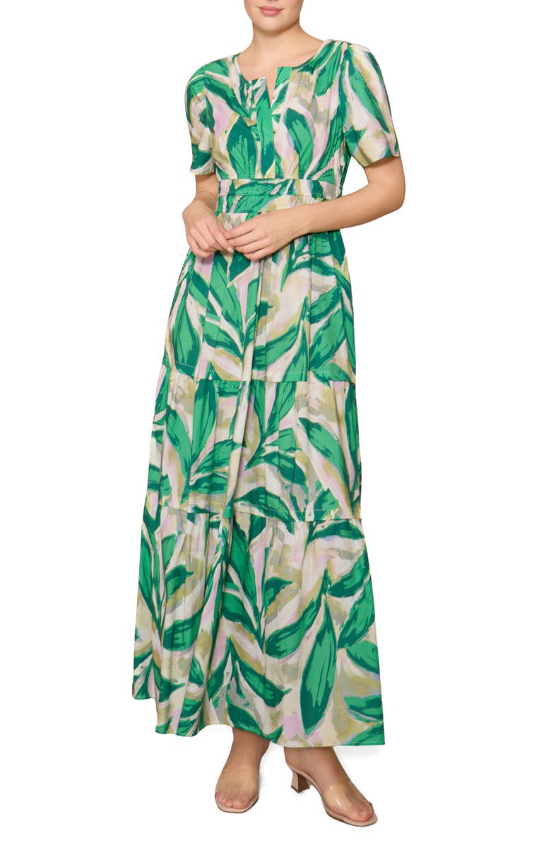MELLODAY Short Sleeve Tiered Maxi Dress, Main, color, Multi Green Leaf
