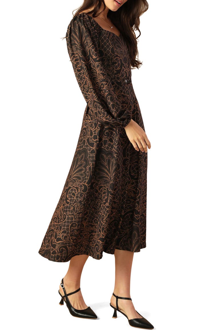 Long Sleeve Belted Midi Dress, Alternate, color, BROWN