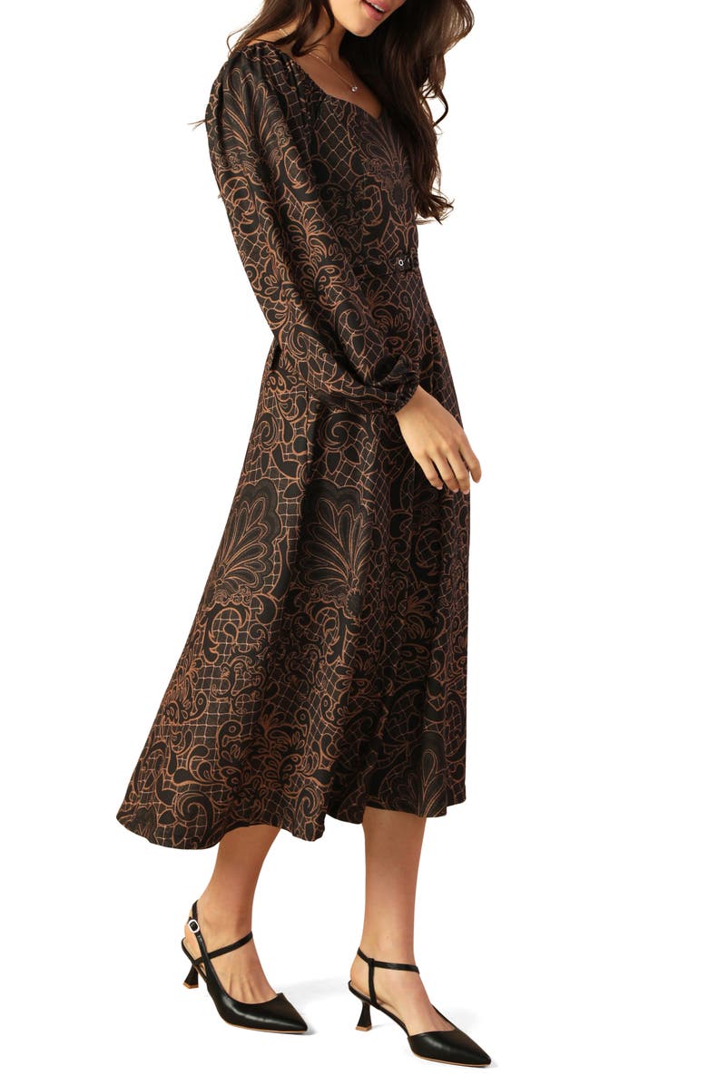FLYING TOMATO Long Sleeve Belted Midi Dress, Alternate, color, Brown