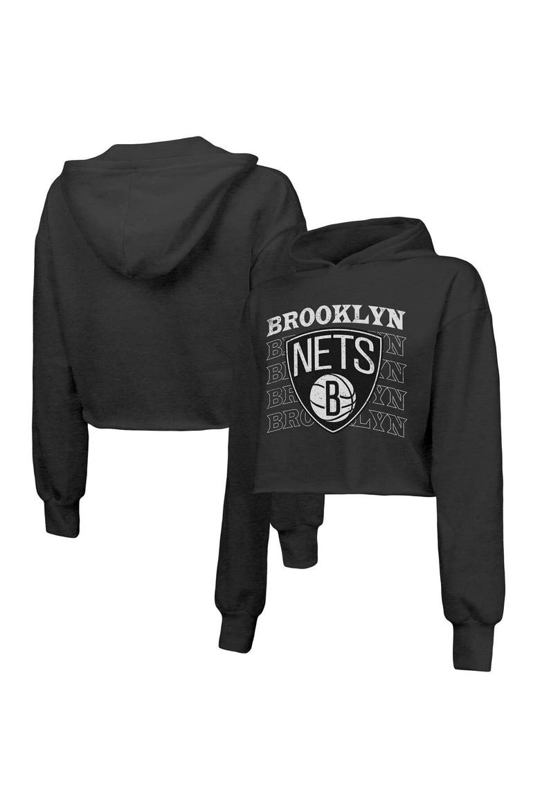 Women's Majestic Threads Black Brooklyn Nets Repeat Cropped Tri-Blend Pullover Hoodie, Main, color, Black