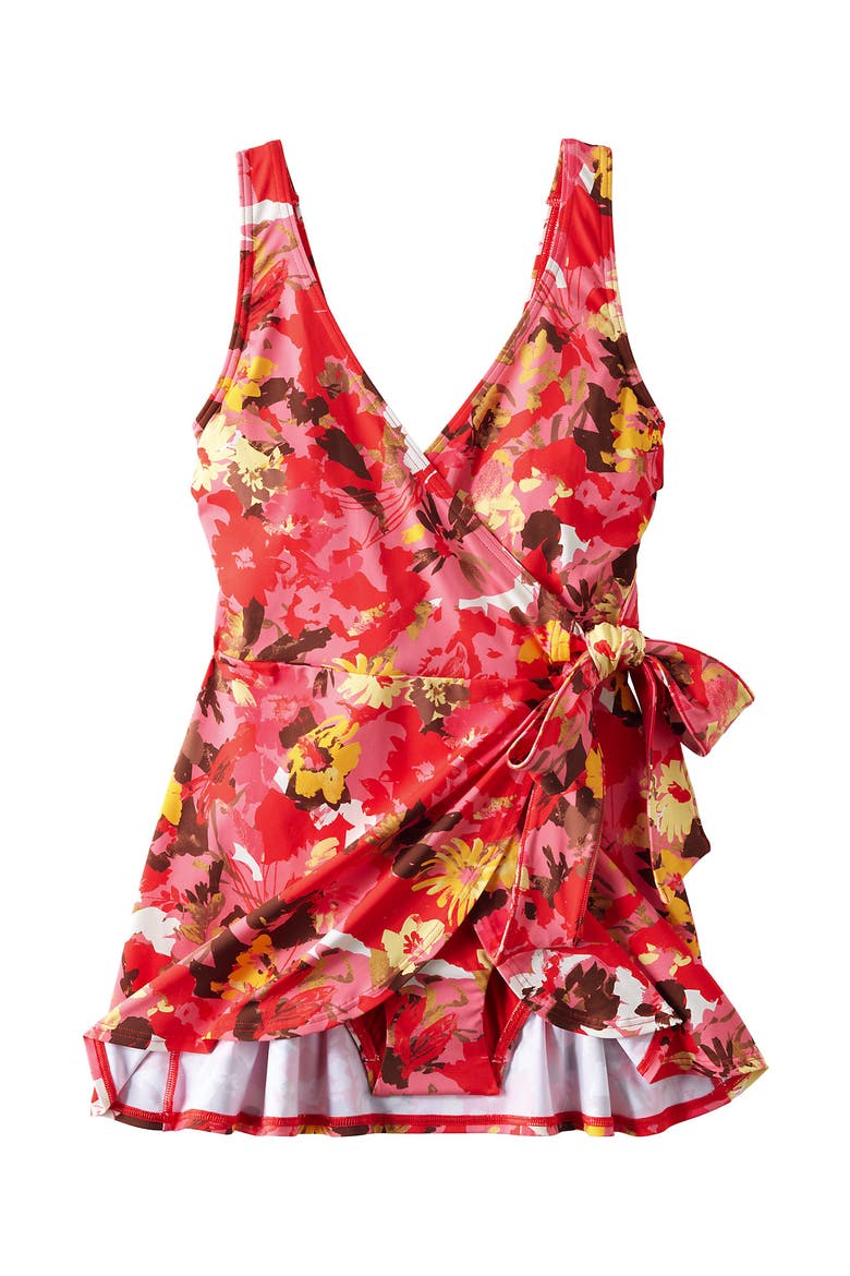Side Tie Mini Swim Dress Swimsuit, Alternate, color, Daylily Red Multi Floral