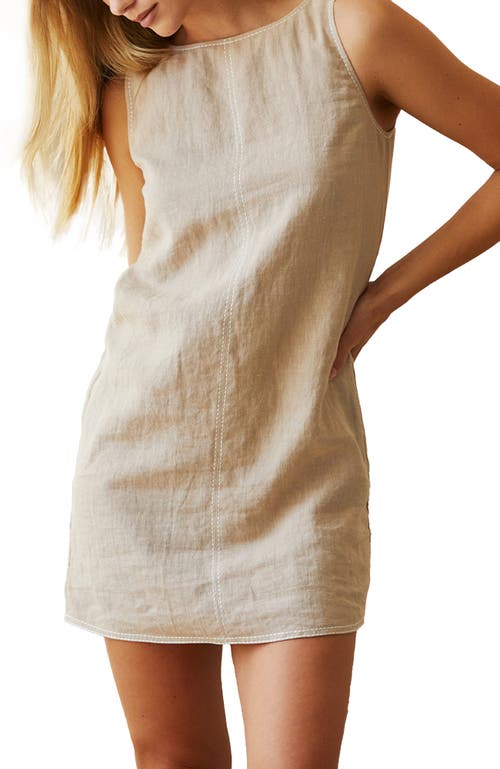 Crescent Contrast Stitch Linen Mini Shift Dress In Nude