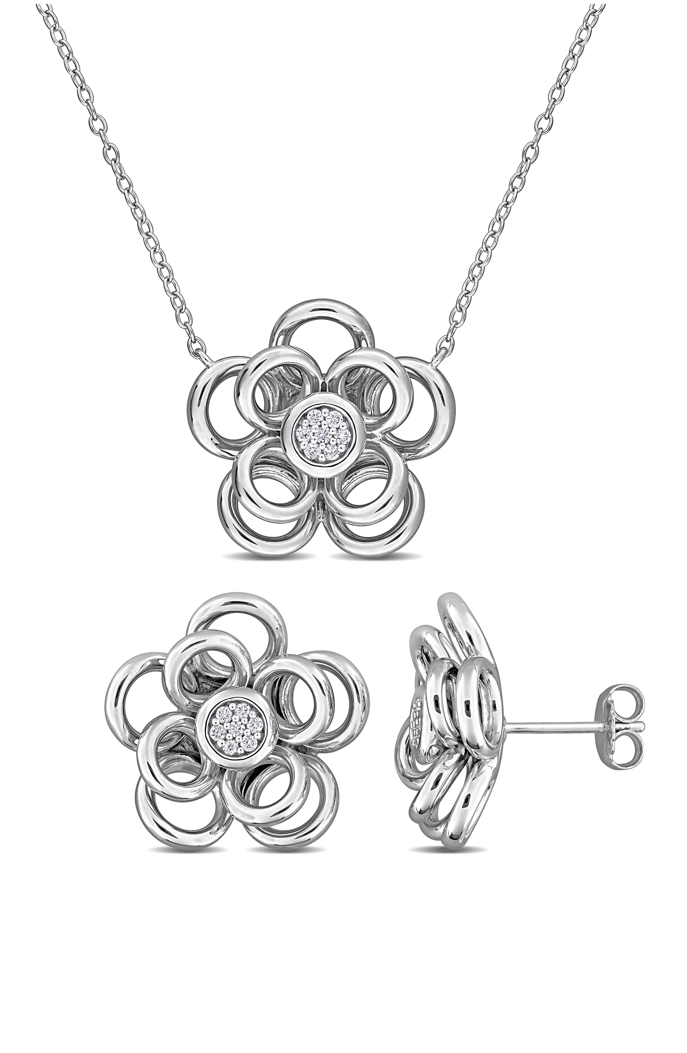 DELMAR Diamond Pavé Flower Earrings & Necklace Set