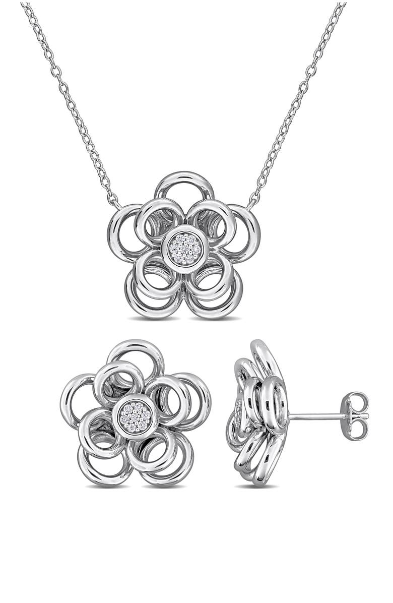 DELMAR Diamond Pavé Flower Earrings & Necklace Set, Main, color, White
