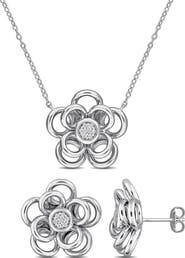 DELMAR Diamond Pavé Flower Earrings & Necklace Set