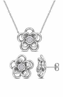 DELMAR Diamond Pavé Flower Earrings & Necklace Set
