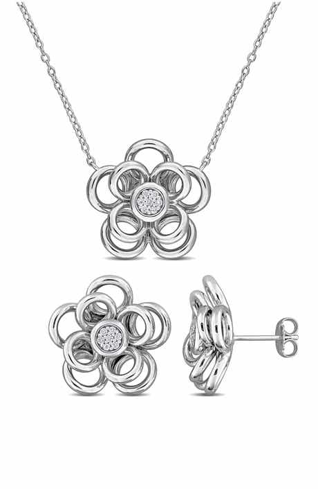 DELMAR Diamond Pavé Flower Earrings & Necklace Set