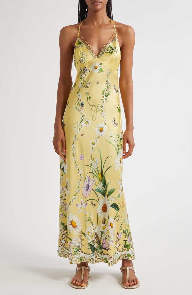 Camilla Chain Detail Bias Cut Silk Charmeuse Slipdress, Main, color, Daisy Chains