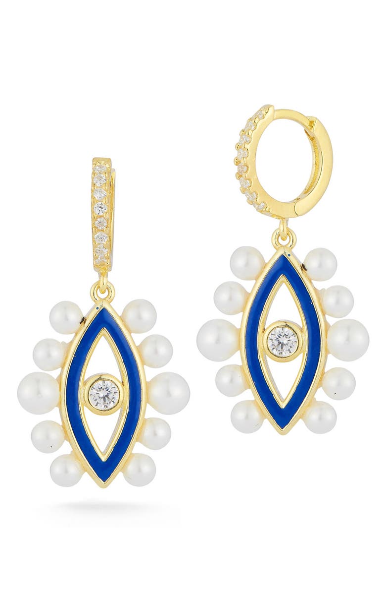 SPHERA MILANO 14K Yellow Gold Vermeil CZ & Imitation Pearl Evil Eye Drop Earrings, Main, color, Yellow Gold