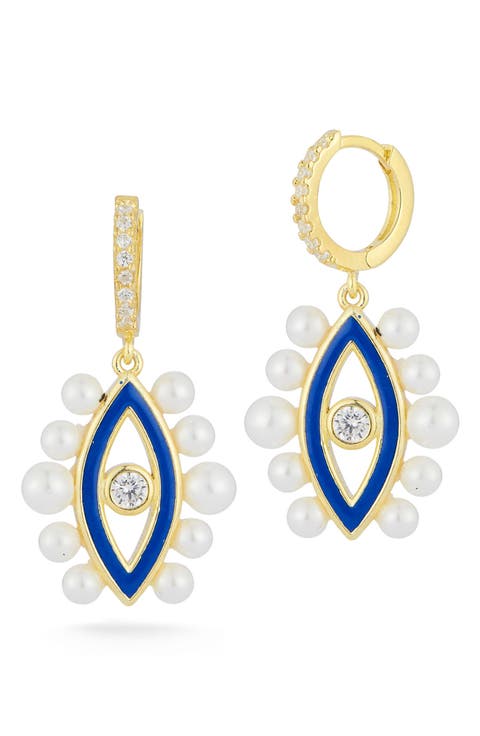 14K Yellow Gold Vermeil CZ & Imitation Pearl Evil Eye Drop Earrings