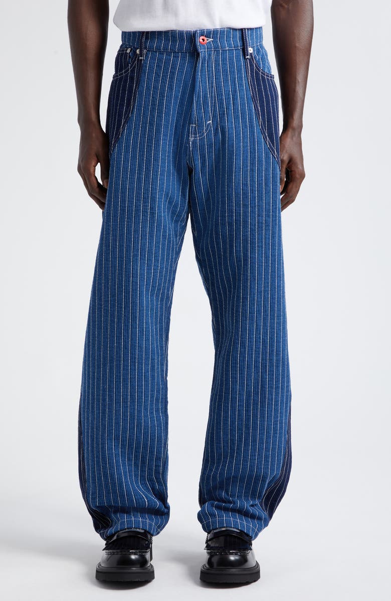 KENZO Pinstripe Patchwork Loose Fit Jeans, Main, color, 