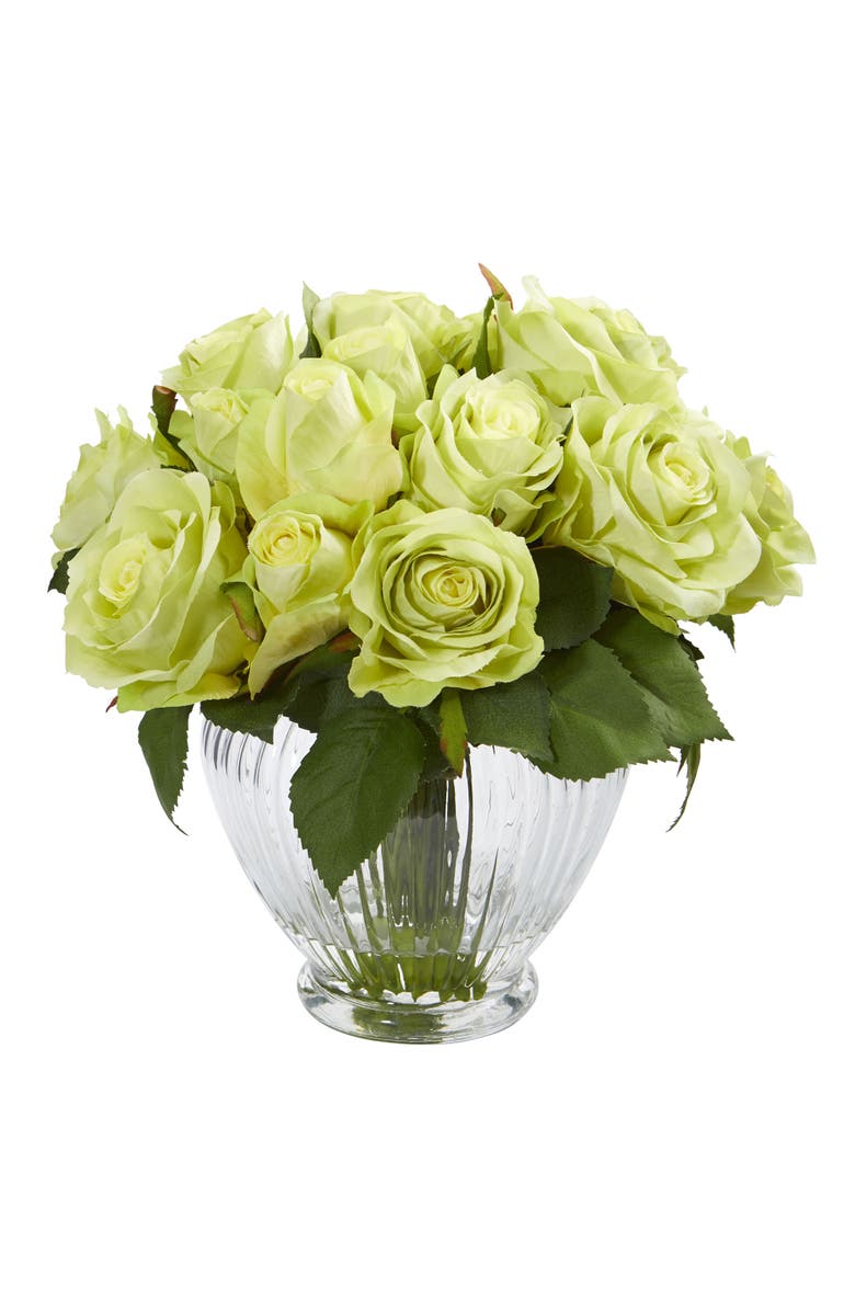 NEARLY NATURAL 9-in Rose Artificial Floral Arrangement in Elegant Glass Vase, Main, color, Green