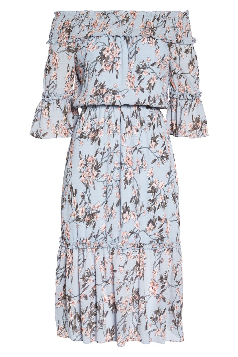 Off the Shoulder Midi Dress, Alternate, color, LIGHT BLUE SAKURA FLORAL