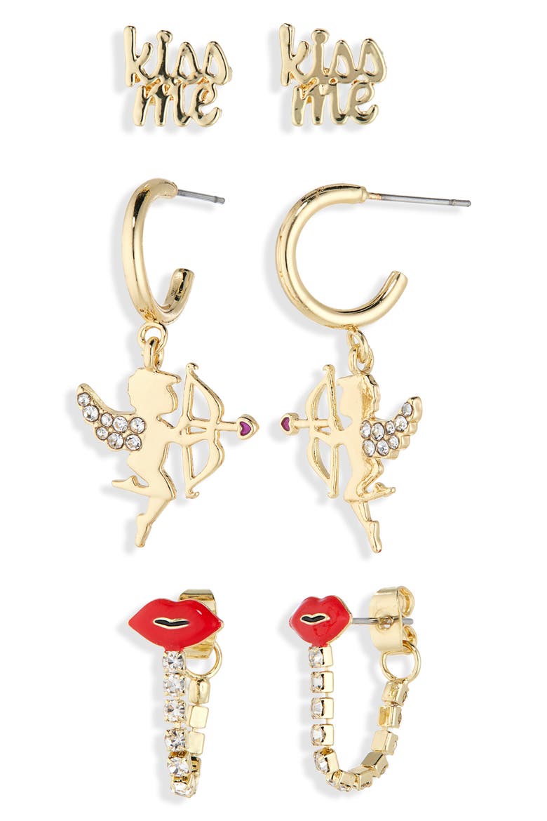 Kiss Me Set of 3 Earrings, Alternate, color, RED/ GOLD