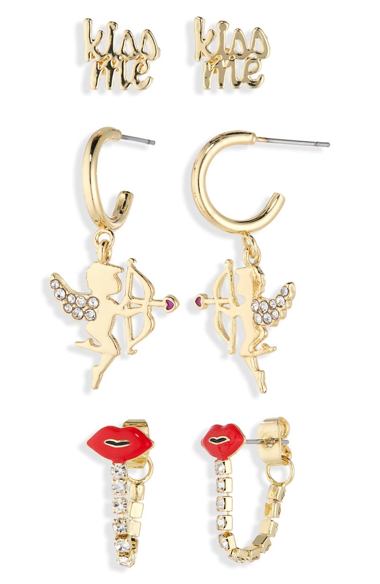 BaubleBar Kiss Me Set of 3 Earrings, Alternate, color, Red/ Gold