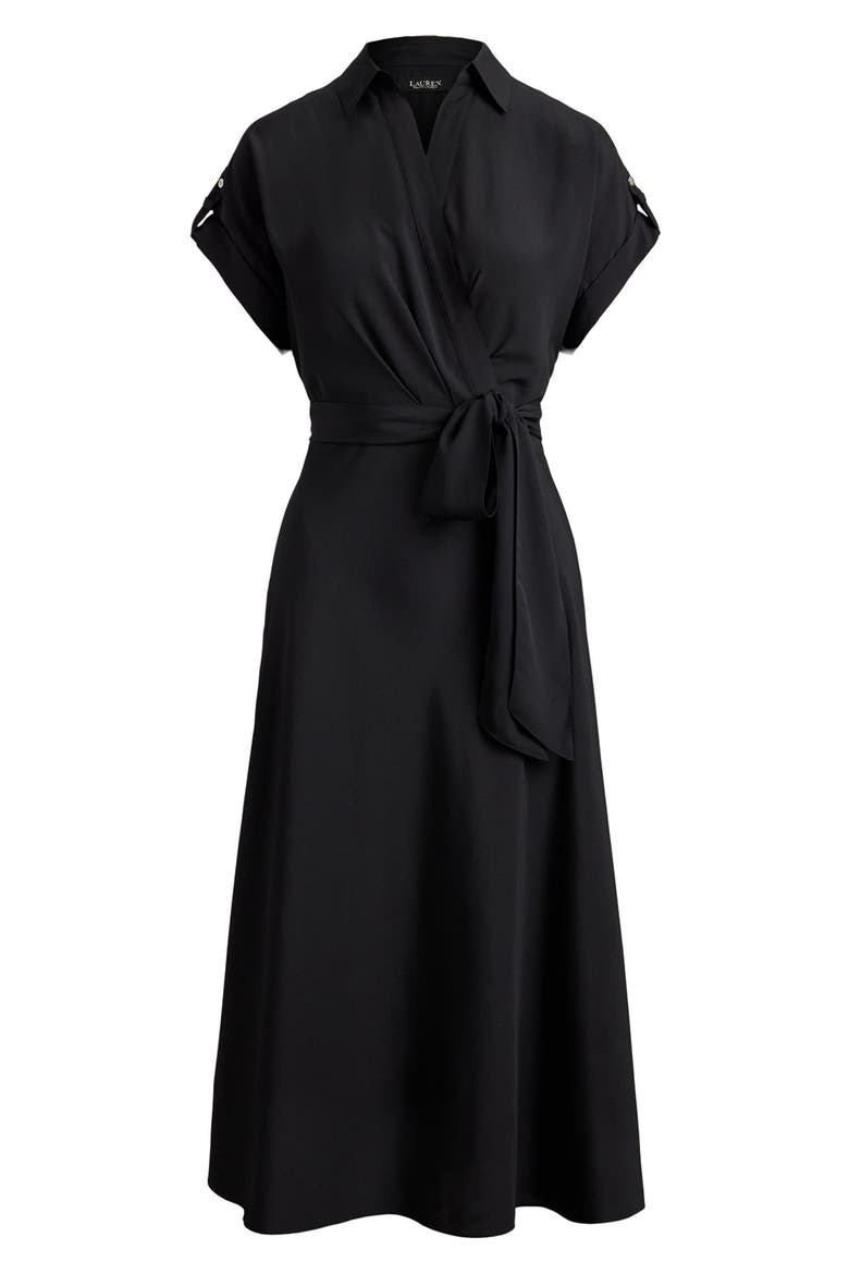 Belted Crêpe Dress, Alternate, color, BLACK