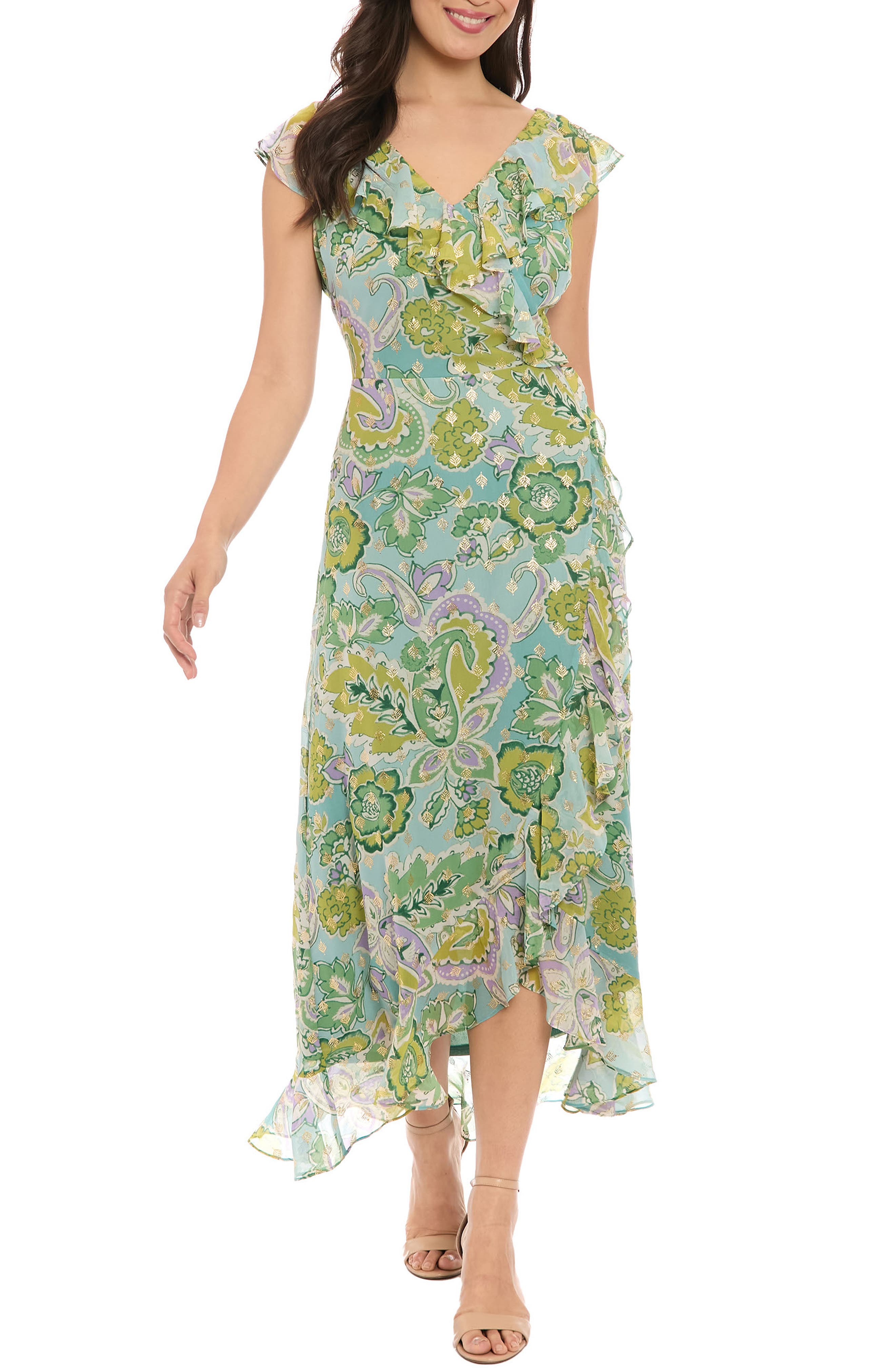 London Times Ruffle Cap Sleeve Chiffon Faux Wrap Dress