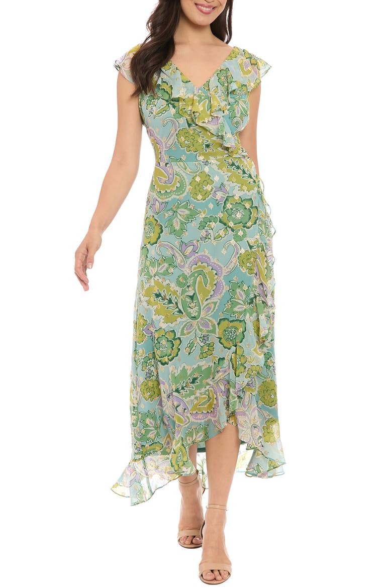 Ruffle Cap Sleeve Chiffon Faux Wrap Dress, Main, color, AQUA/ GREEN
