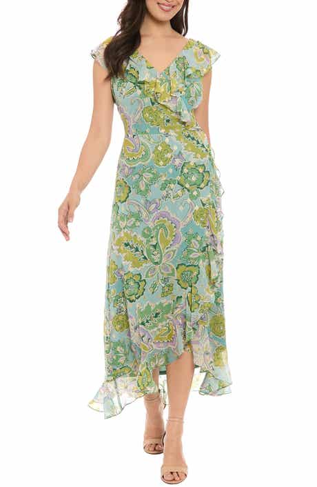 London Times Ruffle Cap Sleeve Chiffon Faux Wrap Dress