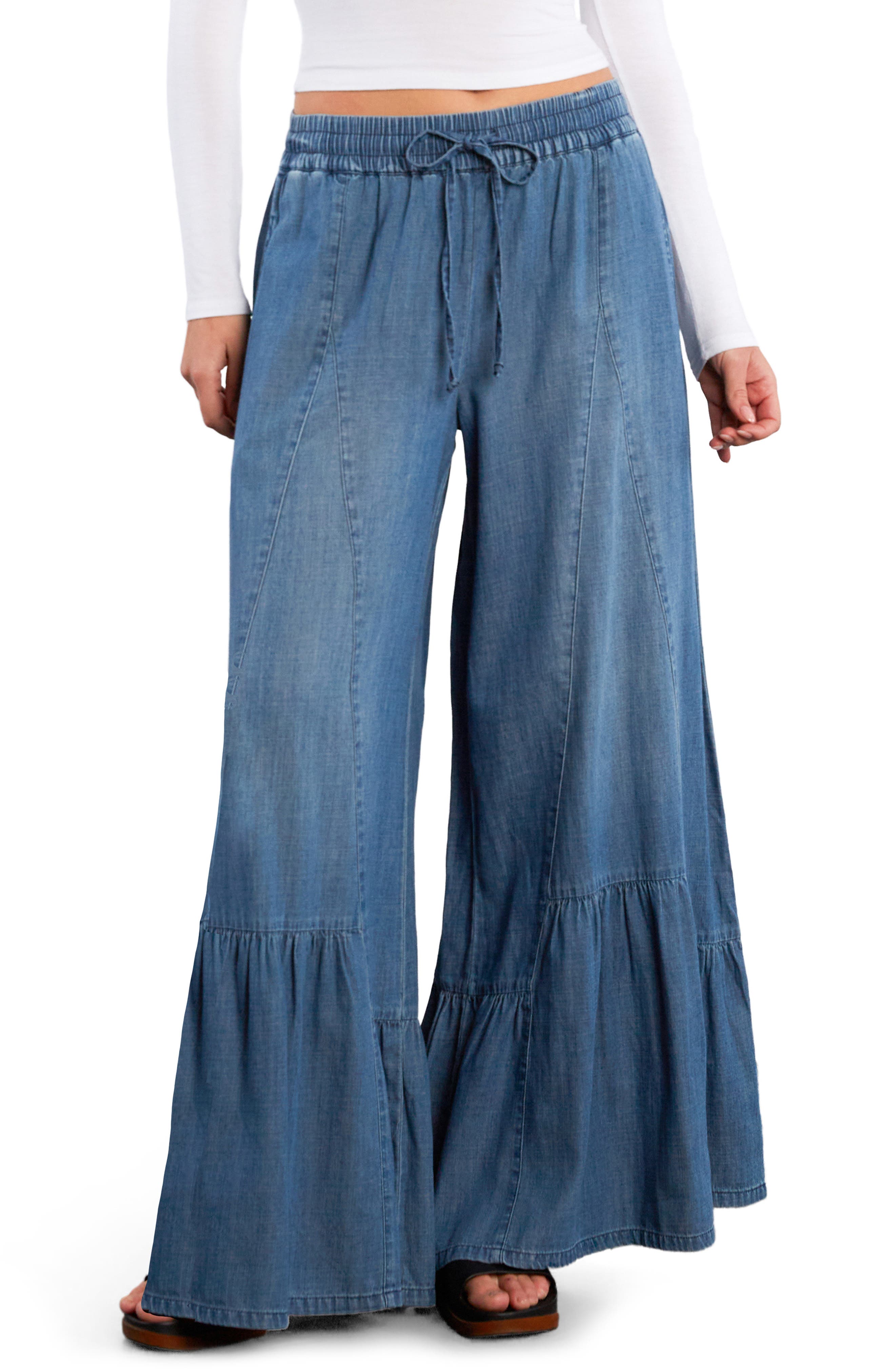 Drawstring Waist Tiered Denim Pants