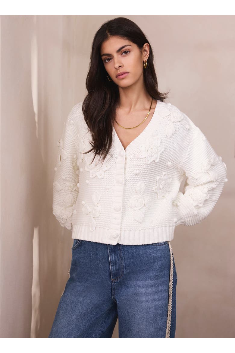 Applique Flower Cardigan, Alternate, color, Ivory